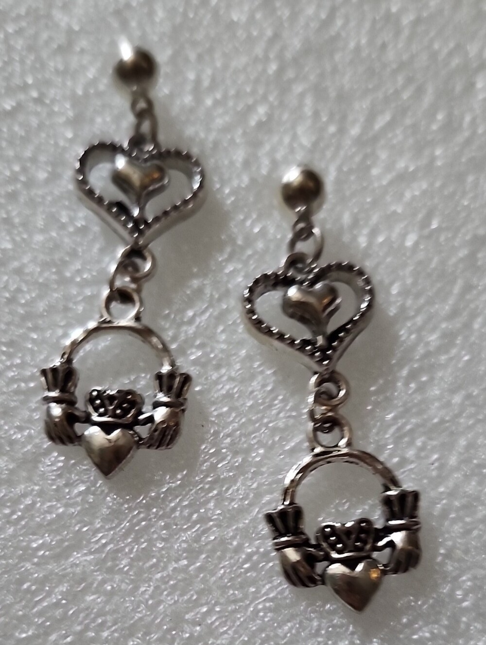 Hand Crafted Silver-Tone Claddagh Heart Drop Earrings